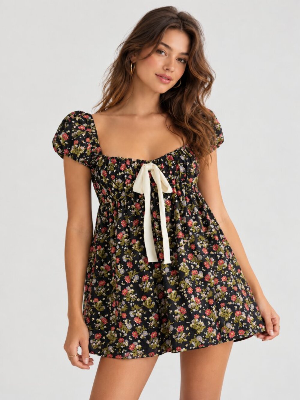 Free People Womens M Black Floral Corduroy Babydoll Tunic Boho Cottagecore Indie